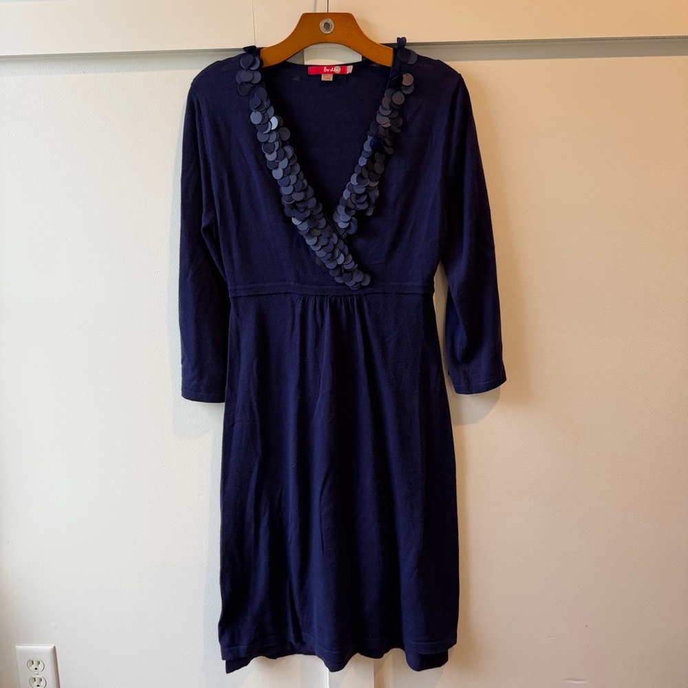 Boden Women's Sweater Dress 100%‎ Wool Purple Paillette Sequin Midi V-Neck SZ 12